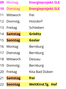 Montag	Energieprojekt SLE Dienstag	Energieprojekt SLE Mittwoch	frei Donnstg.	Holzdorf Freitag		Schlieben Samstag	Gröditz Sonntag	Goslar Montag	Bernburg Dienstag	Bernburg Mittwoch	Dessau Donnstg.	Bernburg Freitag		Kita Bad Düben Samstag	frei Sonntag	WeltKind.Tg.  Hof  09 10 11 12 13 14 15 16 17 18 19 20 21 22