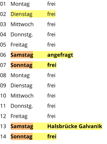 Montag	frei Dienstag	frei Mittwoch	frei Donnstg.	frei Freitag		frei Samstag	angefragt Sonntag	frei Montag	frei Dienstag	frei Mittwoch	frei Donnstg.	frei Freitag		frei Samstag	Halsbrücke Galvanik Sonntag	frei  01 02 03 04 05 06 07 08 09 10 11 12 13 14