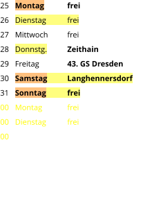 Montag	frei Dienstag	frei Mittwoch	frei Donnstg.	Zeithain Freitag		43. GS Dresden Samstag	Langhennersdorf Sonntag	frei Montag	frei Dienstag	frei 25 26 27 28 29 30 31 00 00 00