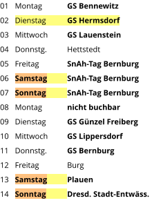 Montag	GS Bennewitz Dienstag	GS Hermsdorf Mittwoch	GS Lauenstein Donnstg.	Hettstedt Freitag		SnAh-Tag Bernburg Samstag	SnAh-Tag Bernburg Sonntag	SnAh-Tag Bernburg Montag	nicht buchbar Dienstag	GS Günzel Freiberg Mittwoch	GS Lippersdorf Donnstg.	GS Bernburg Freitag		Burg Samstag	Plauen Sonntag	Dresd. Stadt-Entwäss.   01 02 03 04 05 06 07 08 09 10 11 12 13 14